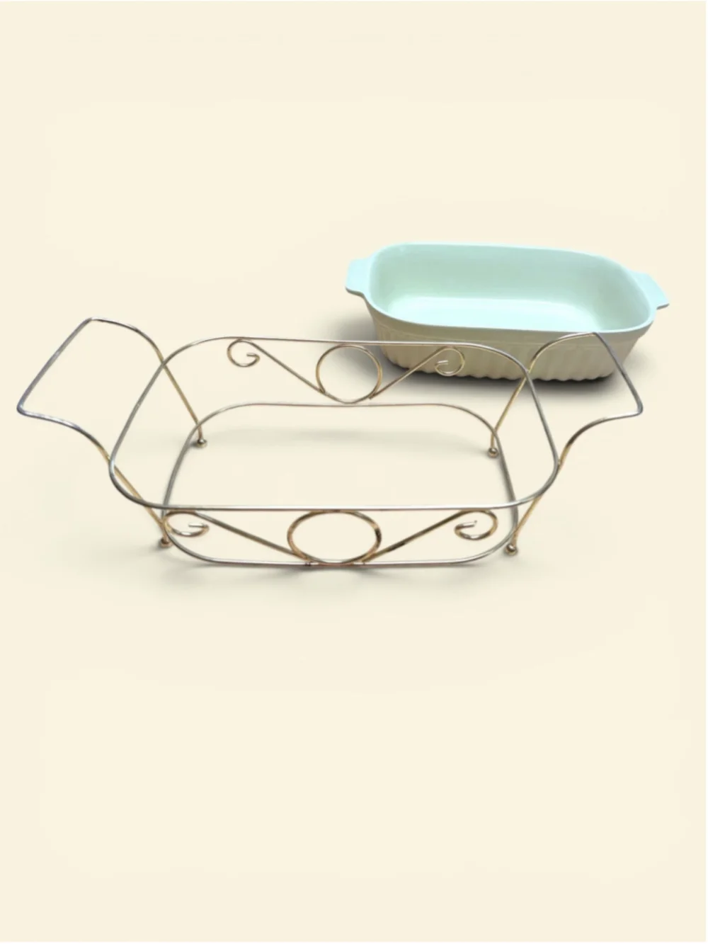 Vintage Sage Green Ceramic Baking Dish with Gold Tone Carrier | 1983 Oven to Tab
